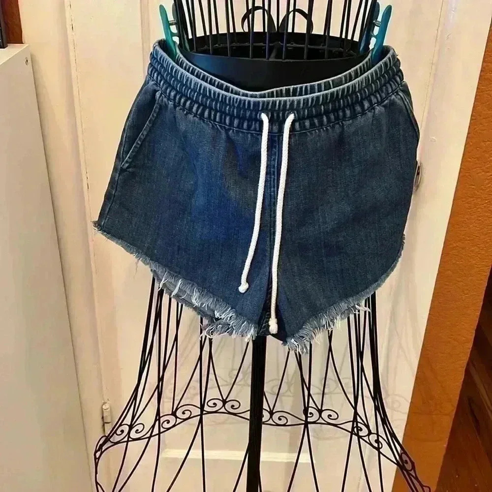 Aerie Blue Drawstring Chambray Frayed Shorts-Sz S